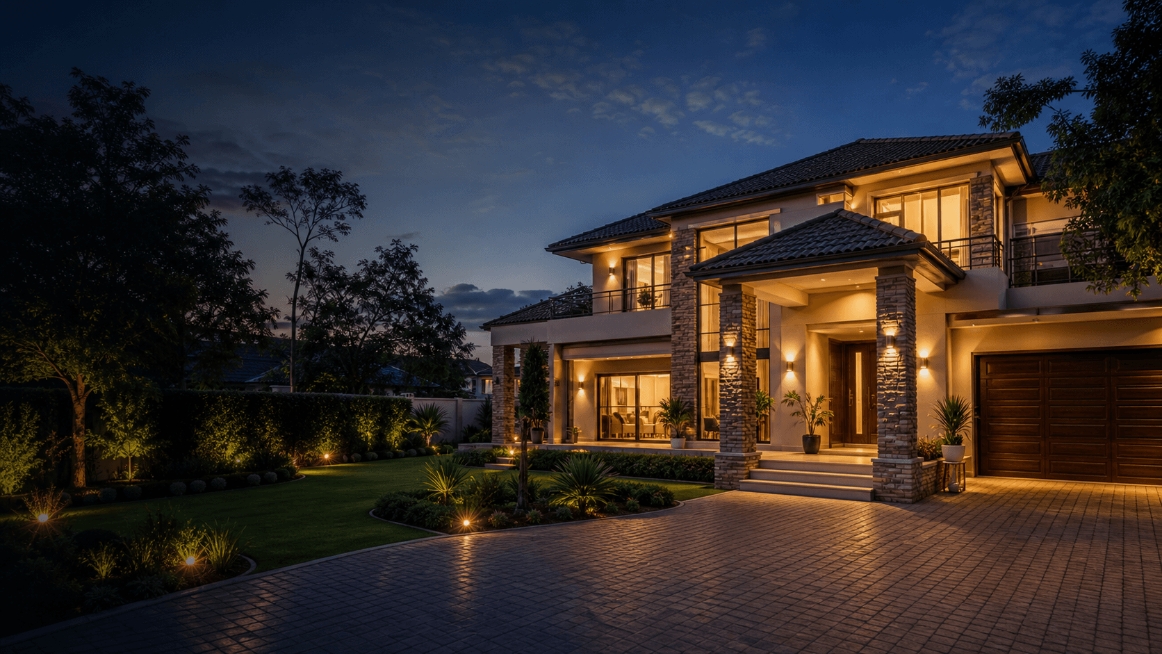 Premium managed property exterior at dusk